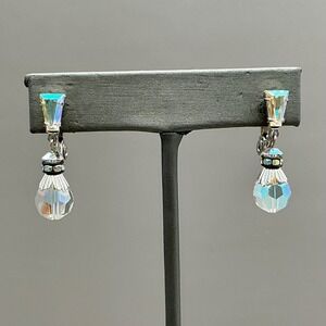 Lewis Segal Earrings Vintage Aurora Borealis Crystal Drop Silver Tone Pierced 2"
